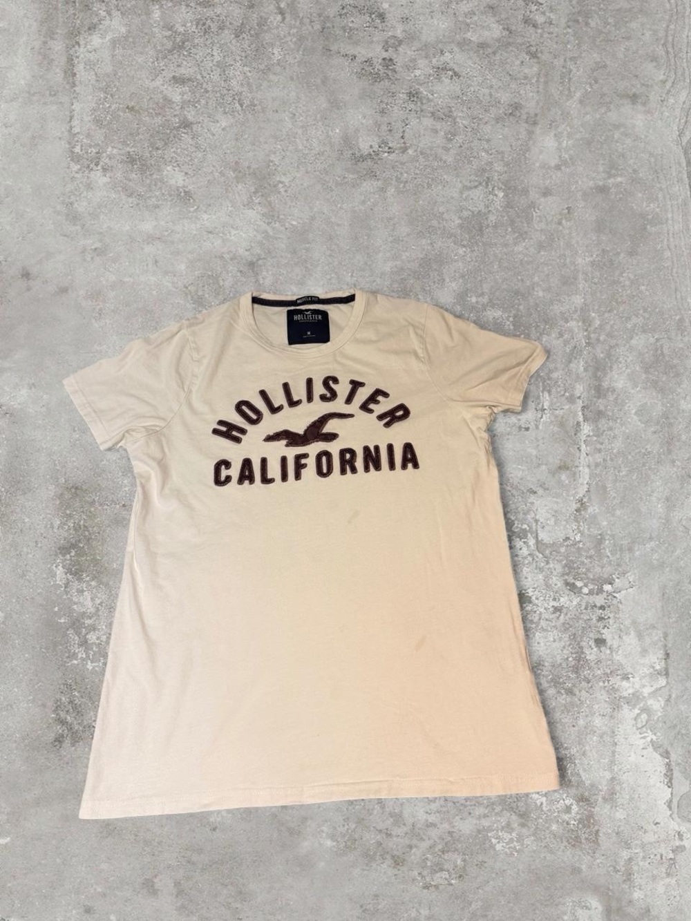 Hollister Y2K Vintage Men’s Cream Short Sleeve Tee with Dark Brown Logo Size M